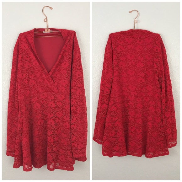 becanbe Dresses & Skirts - Becanbe Red Lace Wrap Long Sleeve Stretch Dress